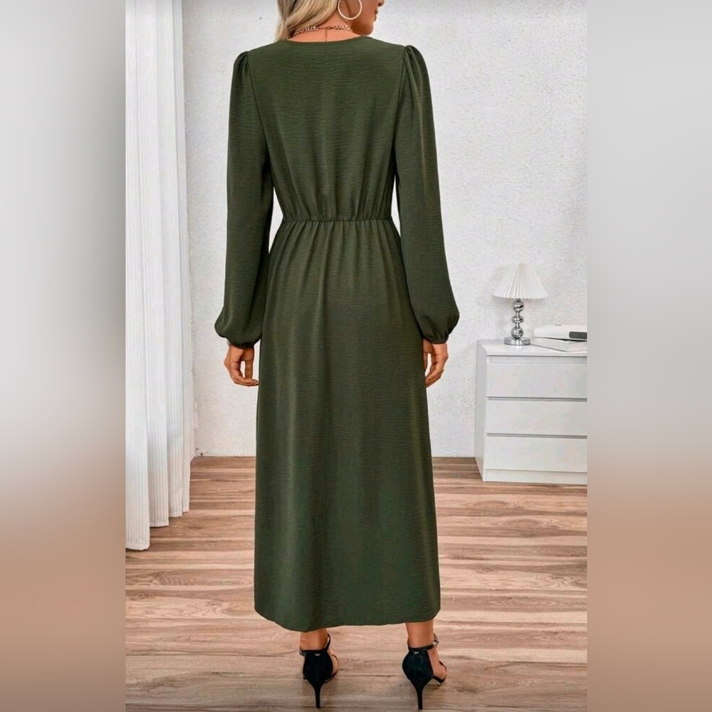 New Chic Plunge Twist Front Split Midi Dress Long Sleeve Olive Green - Picture 5 of 10